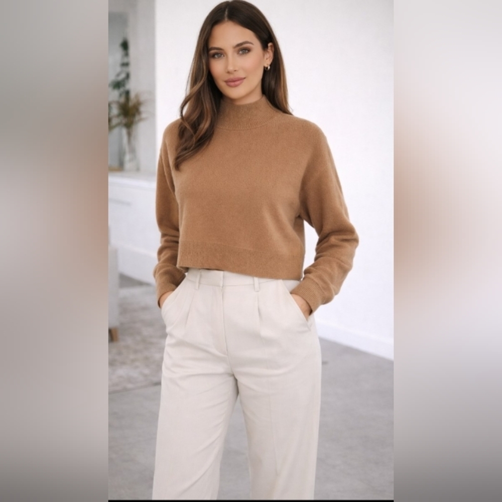 Everlane Classic Camel Brown Mock Neck Cropped Cashmere Sweater Pullover M